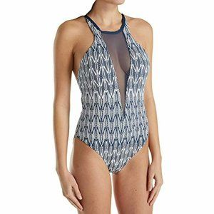 Womens Swimsuit Mesh Open Back One Piece Blue